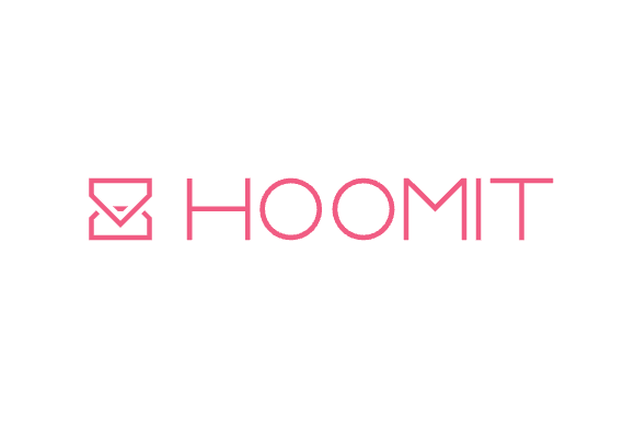 Logo of Hoomit - stylized word Hoomit colored in rose, on white background