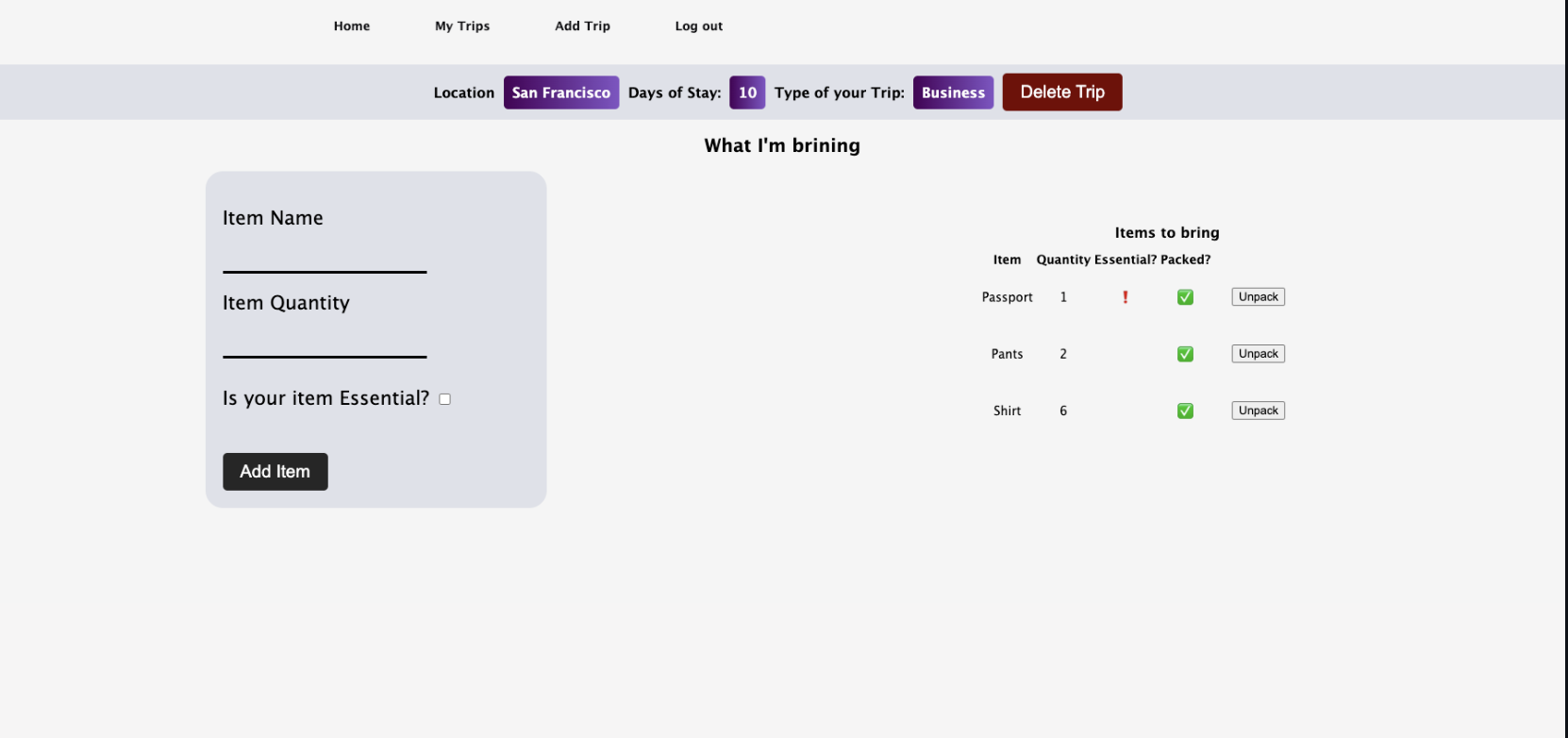 User-generated checklist based on date, length of stay, and style